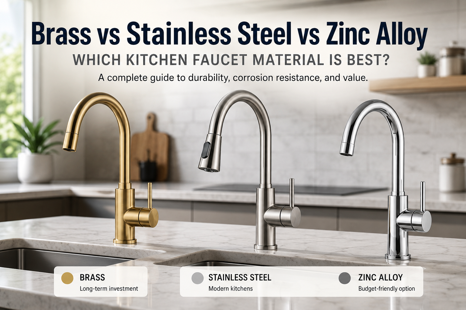 Comparison of brass, stainless steel, and zinc alloy kitchen faucets