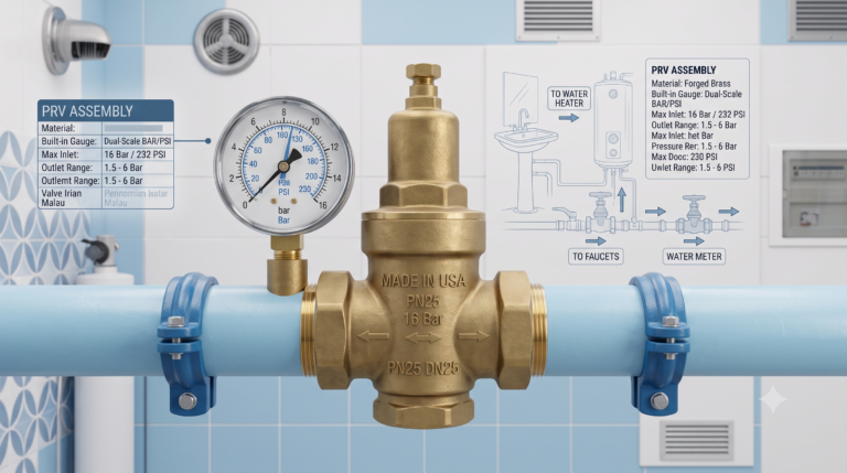 Brass pressure reducing valve with pressure gauge