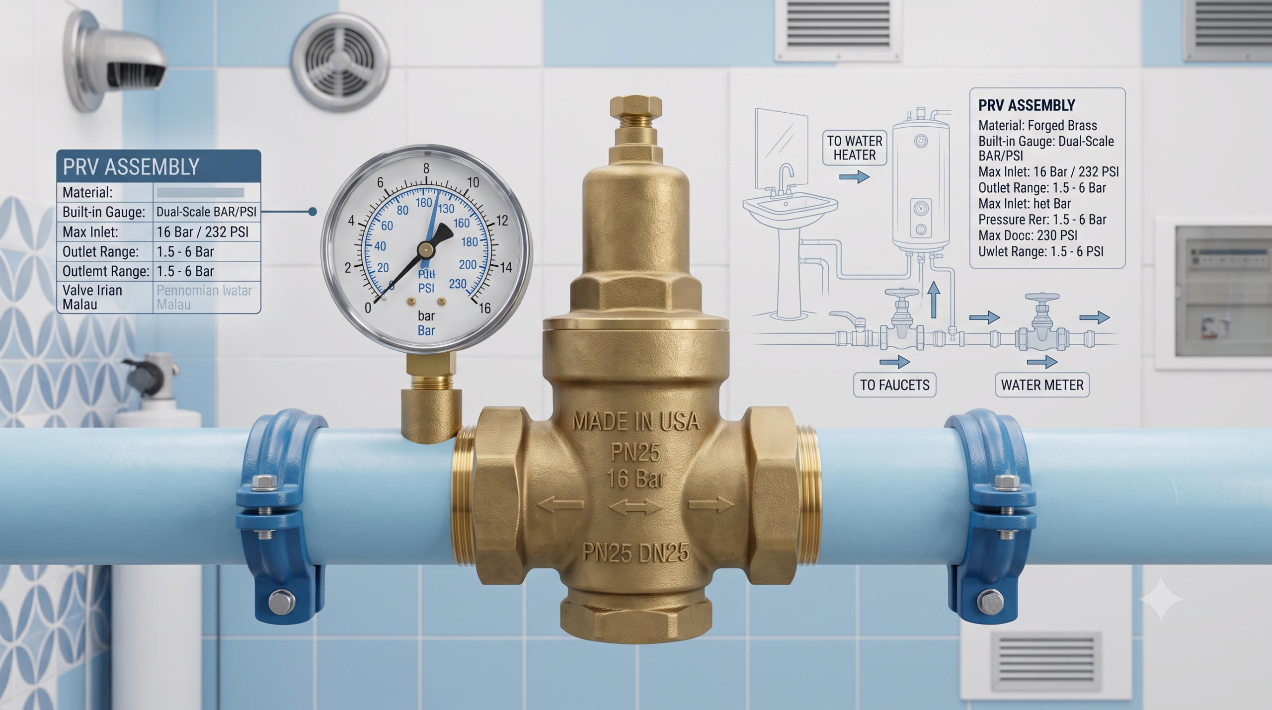 Brass pressure reducing valve with pressure gauge