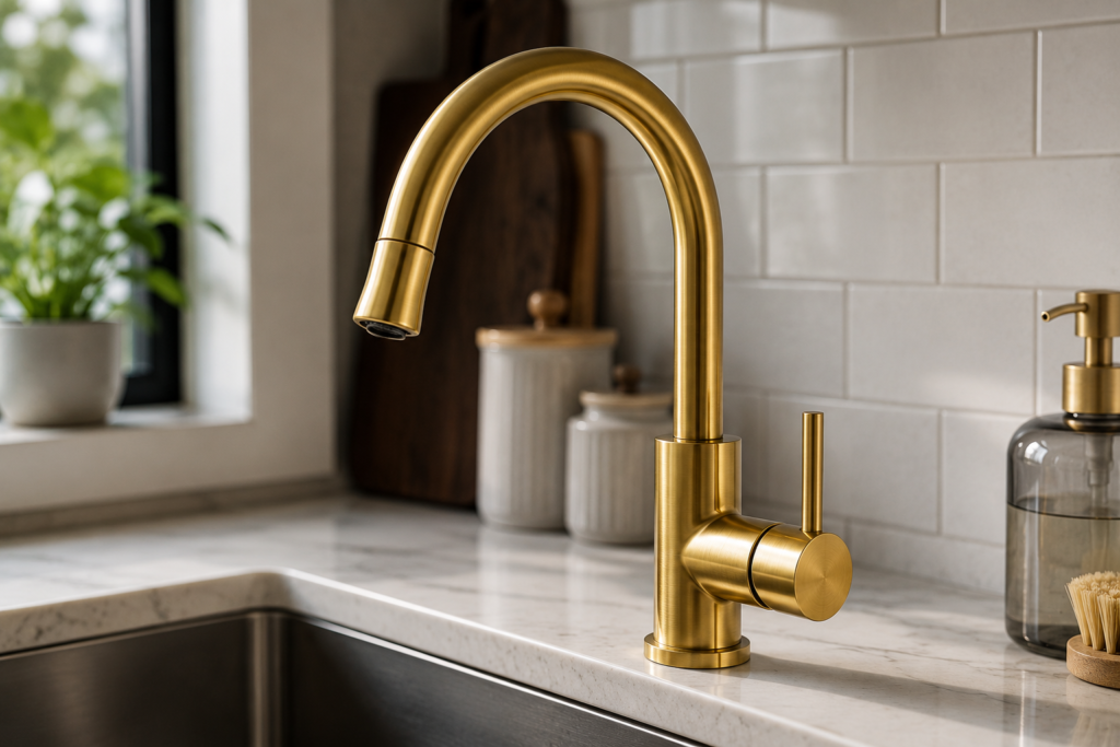 Solid brass kitchen faucet in a modern kitchen