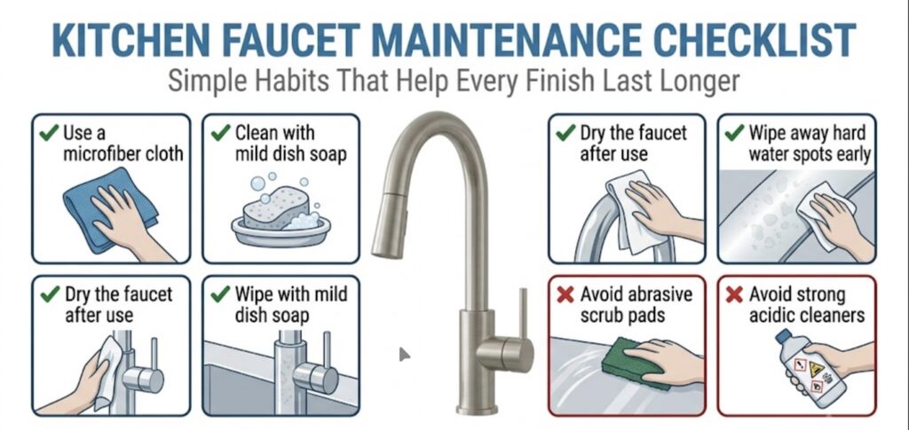 Kitchen faucet maintenance checklist for chrome brushed nickel and matte black finishes