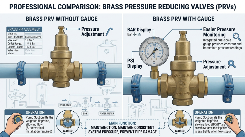 Pressure reducing valve with gauge vs without gauge