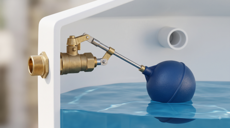 Brass lever-arm float valve with PE float ball installed in a residential water tank