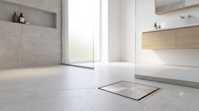 Best floor drain buying guide featuring a premium SUS304 stainless steel floor drain installed in a modern bathroom