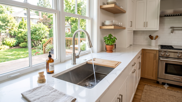 Premium SUS304 stainless steel single bowl kitchen sink installed in a modern American kitchen.