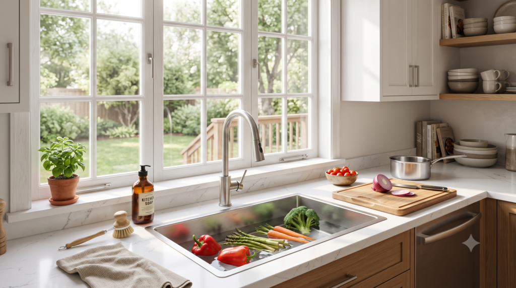 Modern American kitchen featuring a premium SUS304 stainless steel undermount kitchen sink designed for everyday family use.