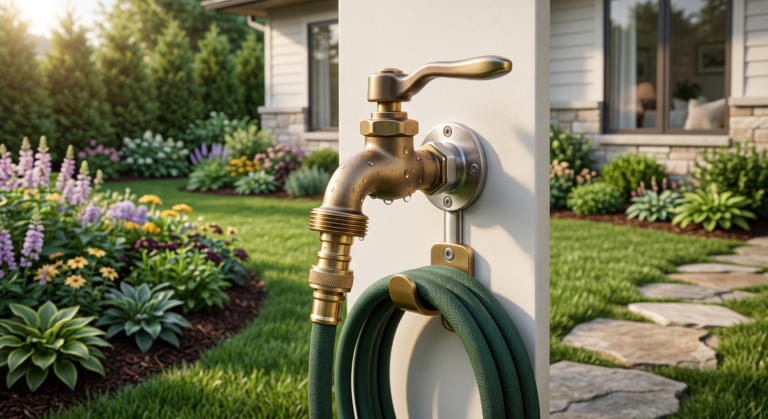 Best outdoor water tap buying guide featuring a premium full brass outdoor faucet installed outside a modern home