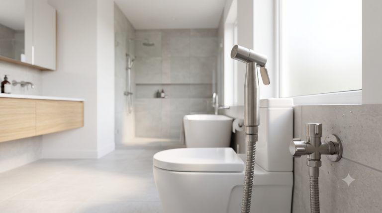 Best toilet bidet sprayer buying guide featuring a premium SUS304 stainless steel handheld bidet sprayer installed in a modern bathroom
