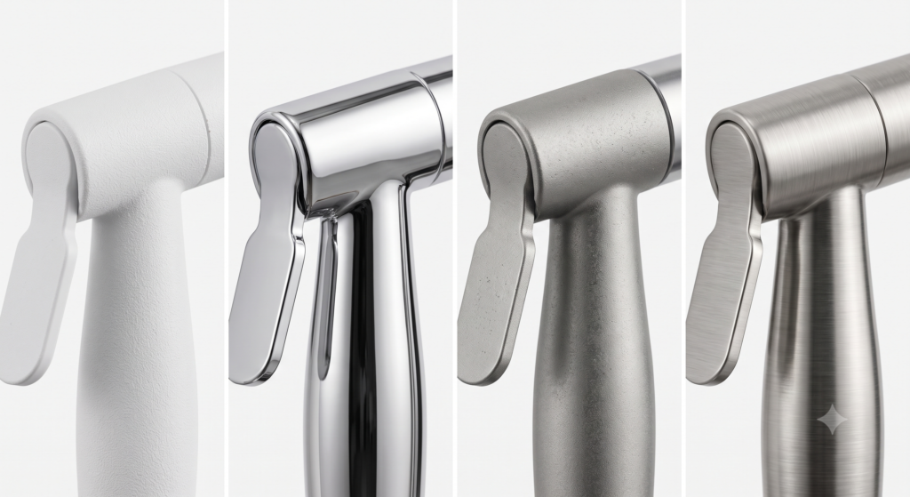 ABS plastic, chrome-plated plastic, zinc alloy, and SUS304 stainless steel bidet sprayer materials