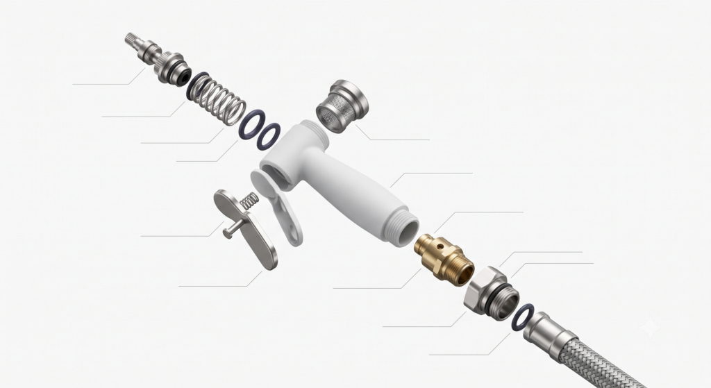 Internal trigger mechanism, spring, rubber seals, valve, and flexible hose inside a bidet sprayer