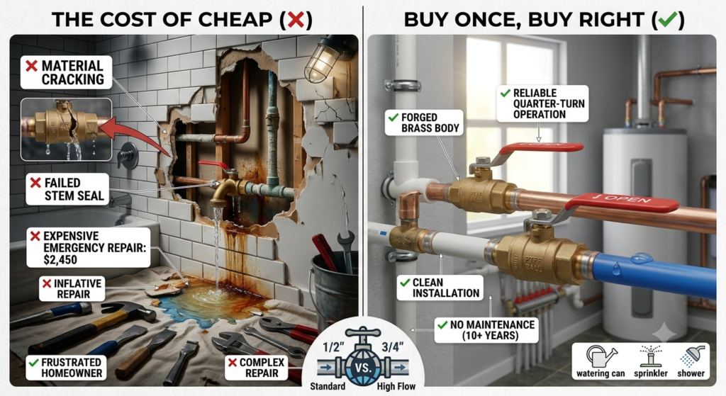Premium forged brass ball valve compared with a leaking low-quality valve