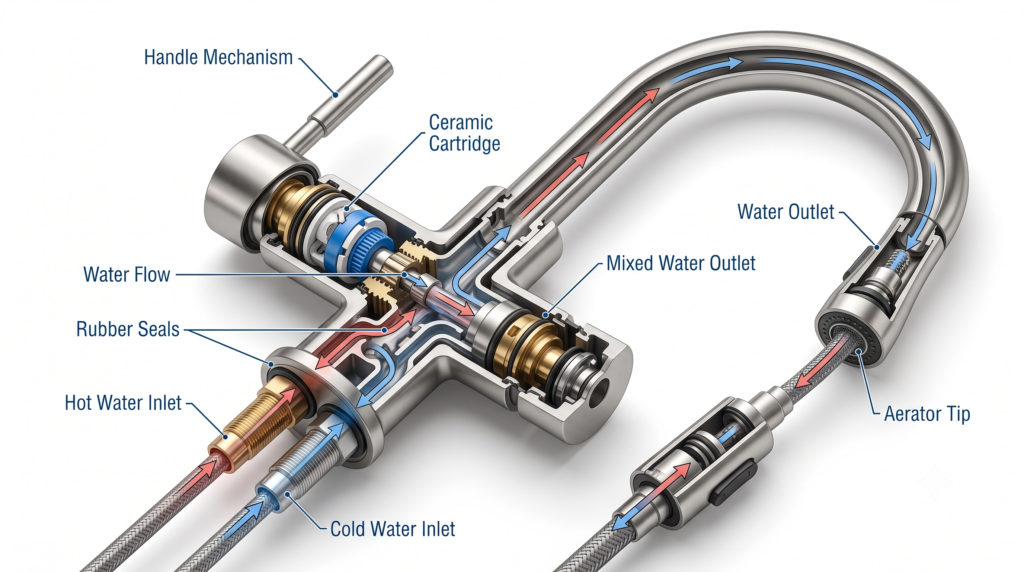 Cutaway diagram showing the ceramic cartridge inside a modern kitchen faucet