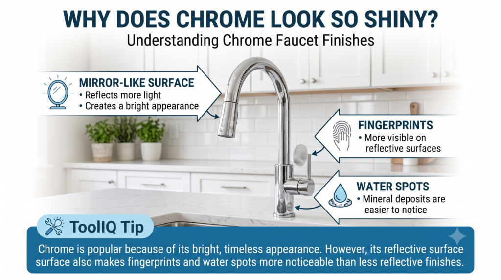 How a chrome kitchen faucet reflects light and shows fingerprints