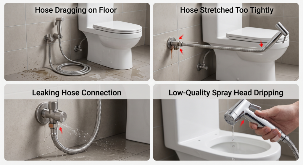 Common mistakes when choosing a toilet bidet sprayer including poor hose length and leaking connections