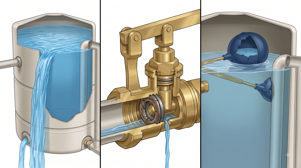Worn float valve seal, water-filled float ball, and stuck arm causing a tank to overflow