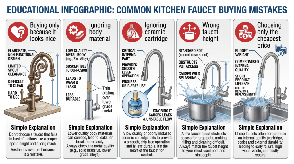 Illustration showing common mistakes people make when buying kitchen faucets