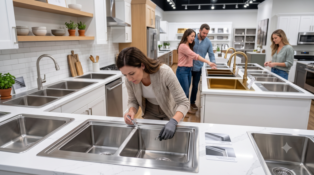 Homeowner comparing stainless steel kitchen sinks by inspecting quality and construction in a modern kitchen showroom.