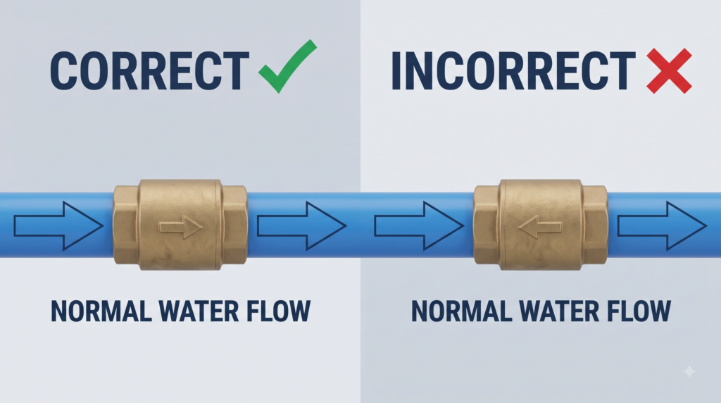 Correct and incorrect check valve installation direction