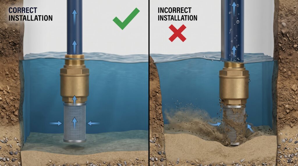 Correct and incorrect Foot Valve installation in a shallow well