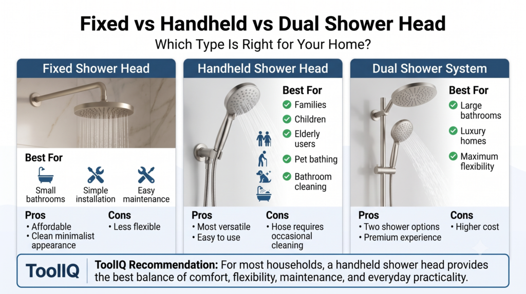 Fixed vs handheld vs dual shower head comparison