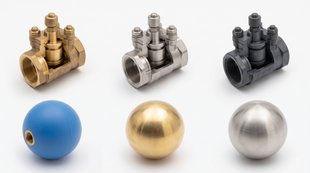 Brass, stainless steel, and plastic float valves with PE, brass, and stainless steel float balls