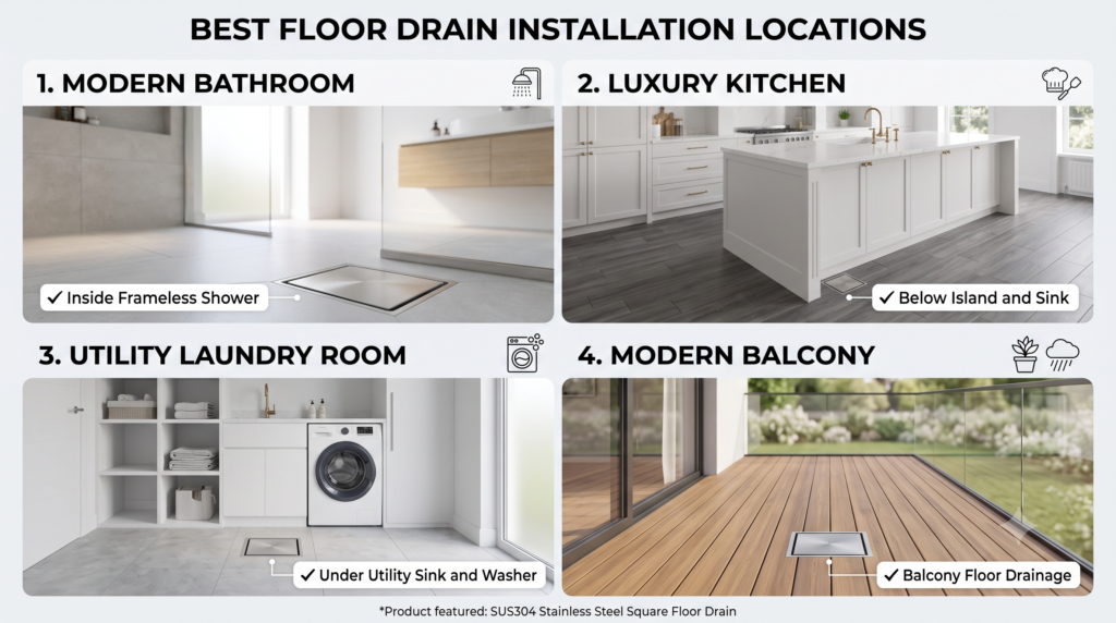 Different floor drain installation locations including bathroom, kitchen, balcony, and laundry room