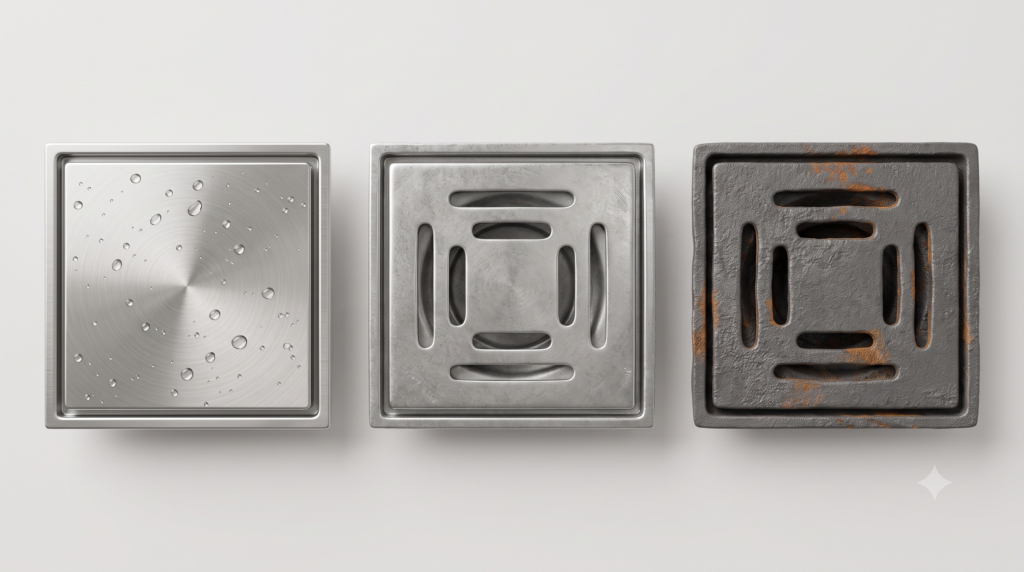 Comparison of SUS304 stainless steel, SUS201 stainless steel, and iron floor drains