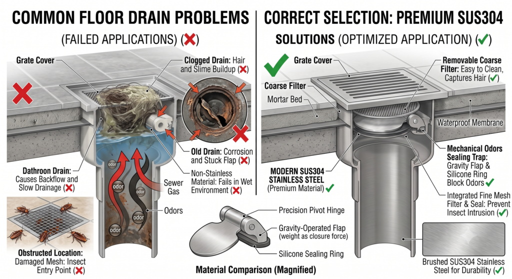 Real-world examples showing common floor drain problems and practical solutions