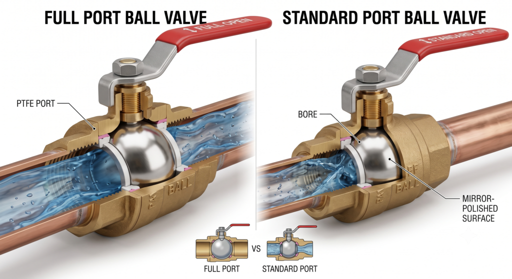 Cutaway comparison between a full-port and standard-port ball valve