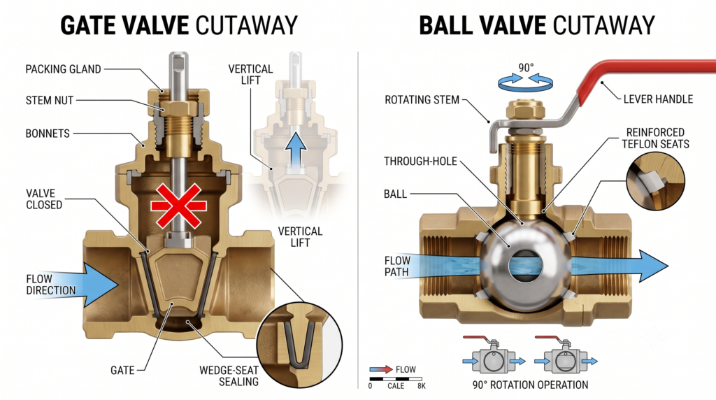 Internal mechanism comparison between a gate valve and a ball valve
