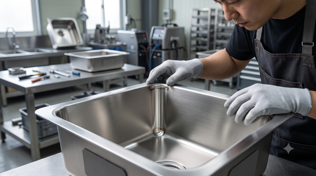 Close-up of a handmade SUS304 stainless steel kitchen sink showing precision TIG welding, smooth corners, and premium brushed finish.