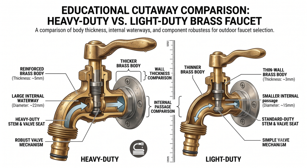 Cross-sectional comparison of heavy-duty and light-duty brass outdoor faucets