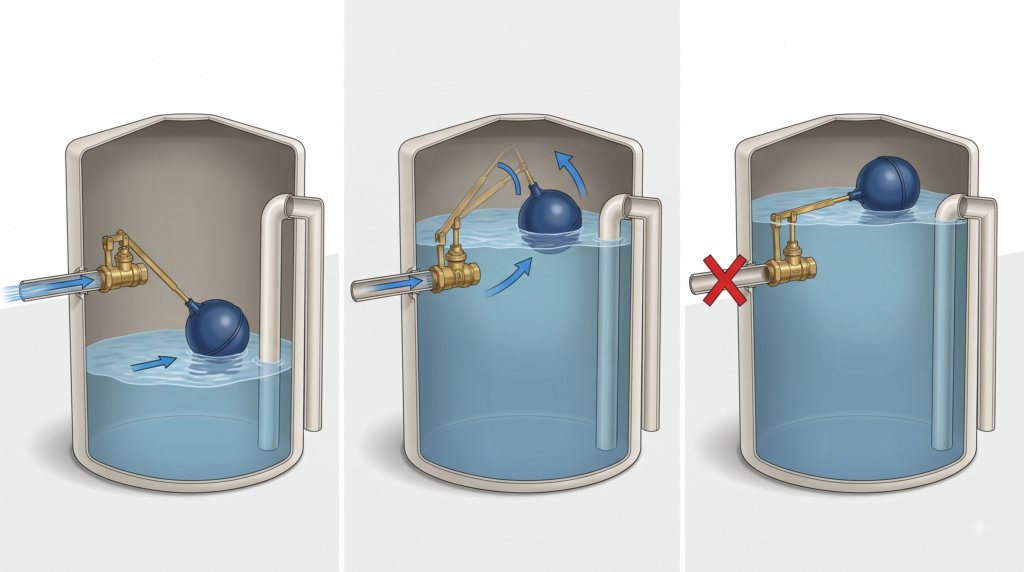 Three stages showing a float valve opening and closing as the tank water level changes