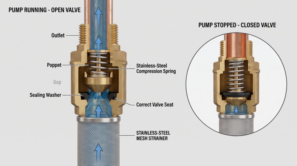 Cutaway showing how a brass Foot Valve prevents water from draining back