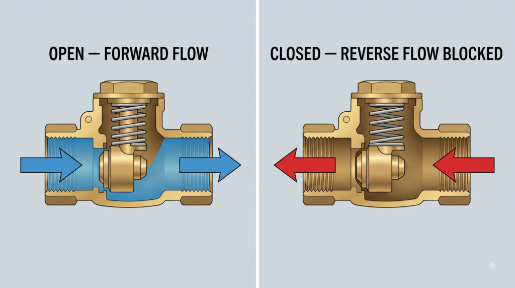Spring check valve open during forward flow and closed during reverse flow