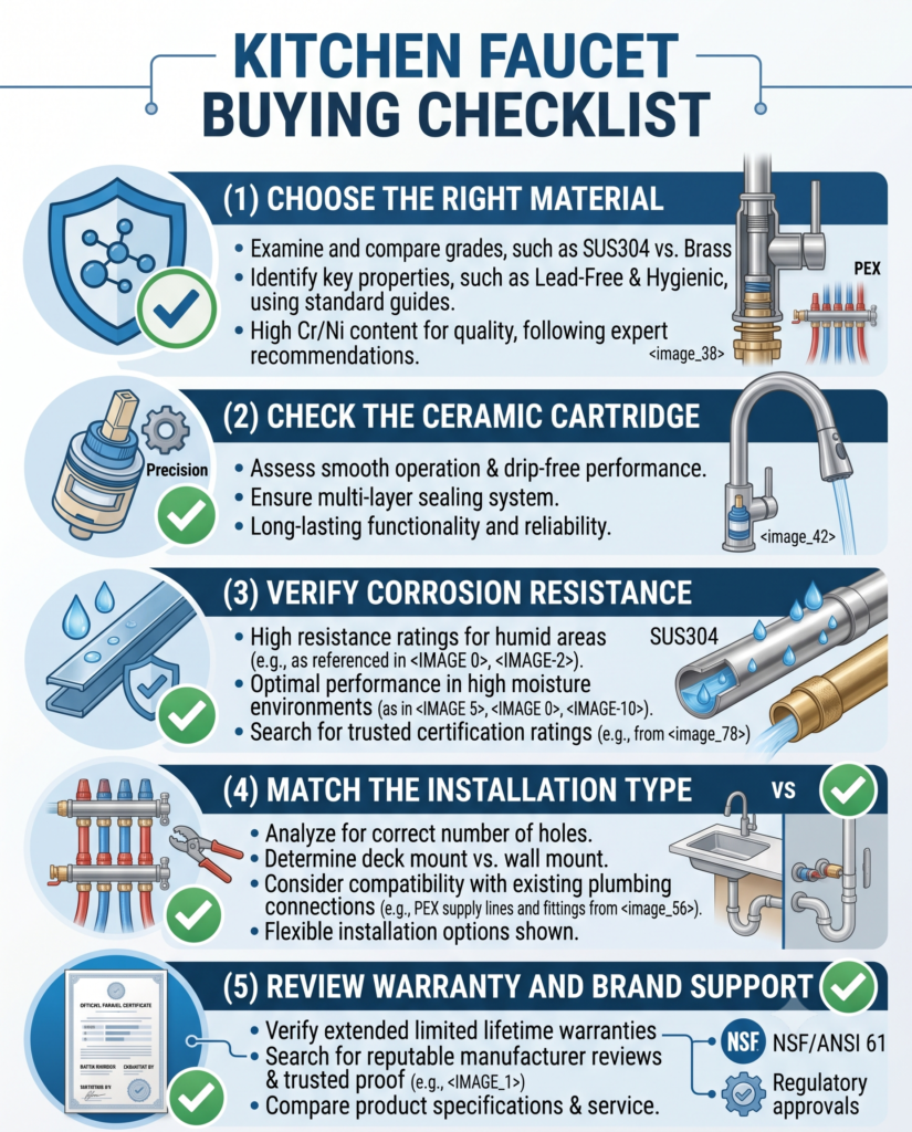 Kitchen faucet buying checklist including material, cartridge, warranty, and installation type
