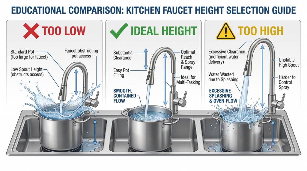 Choosing the correct faucet height improves comfort and reduces splashing.