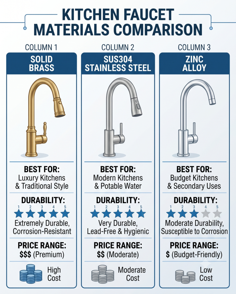 Quick comparison of brass, SUS304 stainless steel, and zinc alloy kitchen faucet materials