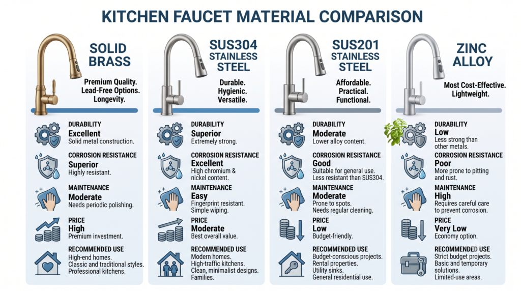 Comparison of brass, SUS304 stainless steel, SUS201 stainless steel and zinc alloy kitchen faucet materials