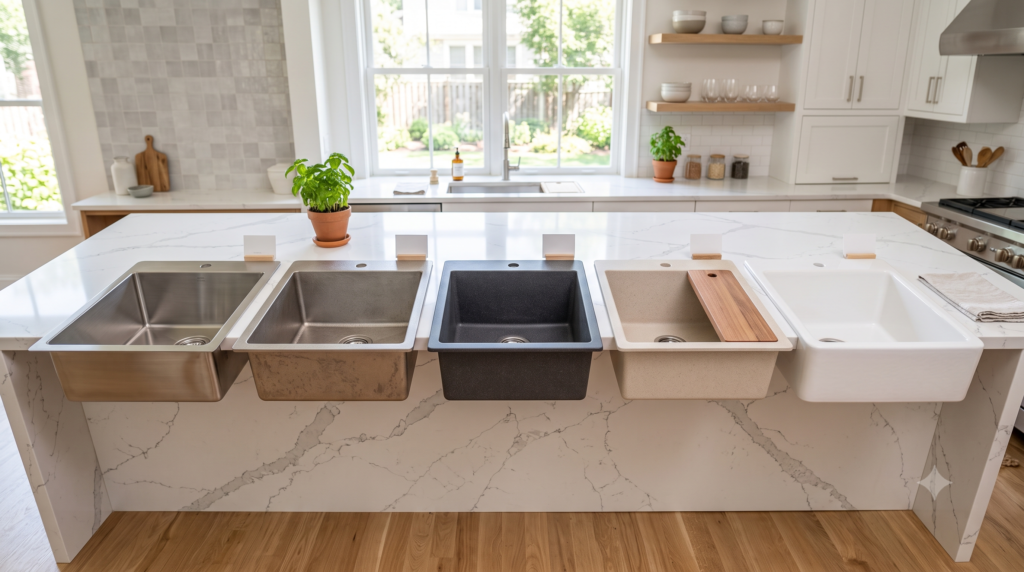 Comparison of SUS304 stainless steel, aluminium, granite composite, quartz composite, and ceramic kitchen sink materials in a modern showroom.