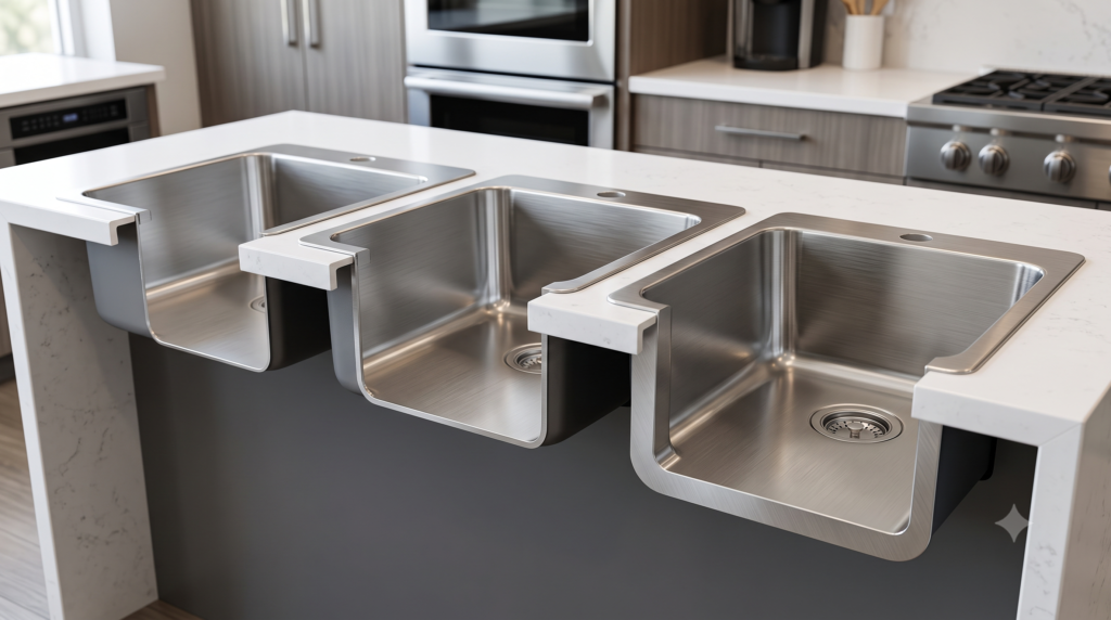 Comparison of stainless steel kitchen sink thickness using realistic cutaway cross-sections in a modern kitchen showroom.