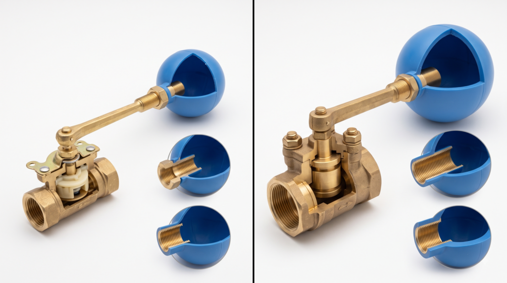 Typical light-duty and heavy-duty brass float valves with PE float balls