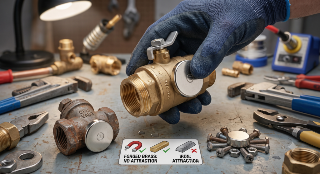 Using a magnet to identify genuine brass ball valves