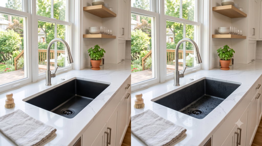 Comparison of a new and regularly used black nano-coated stainless steel kitchen sink in a modern American kitchen.