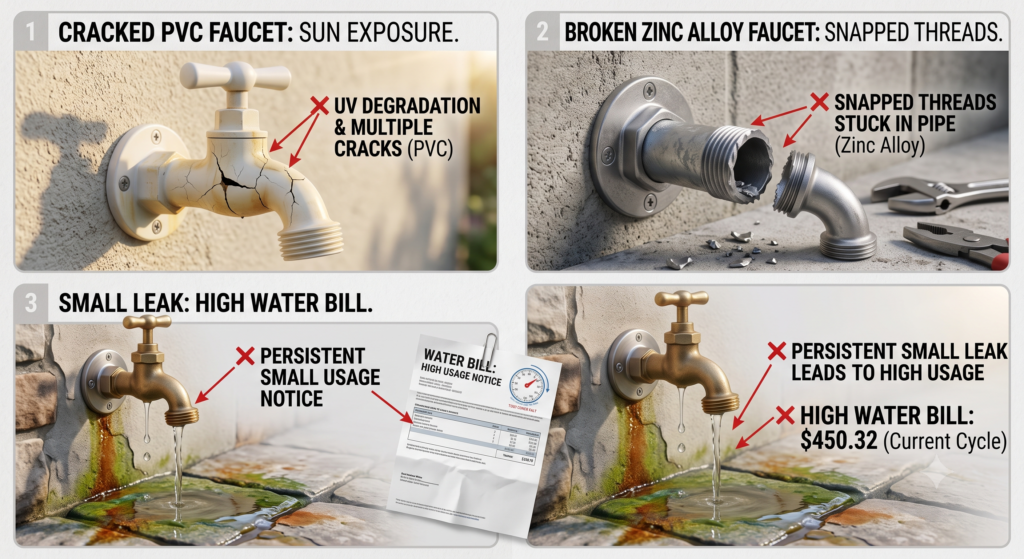 Real-world examples showing common outdoor faucet problems and practical solutions