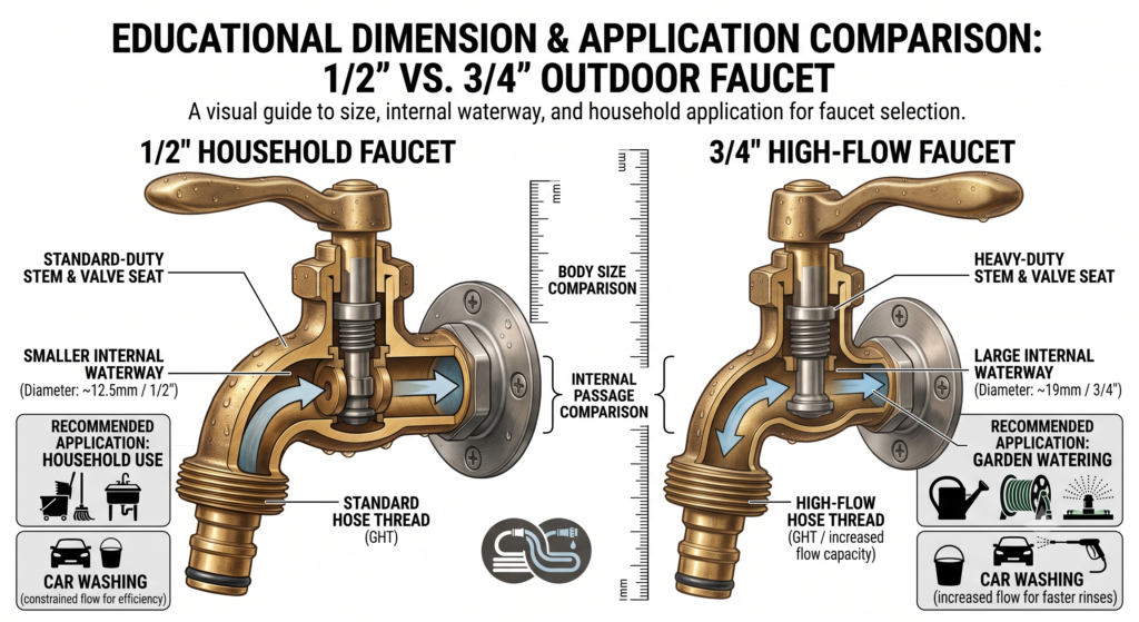 Comparison of 1/2-inch and 3/4-inch outdoor water taps