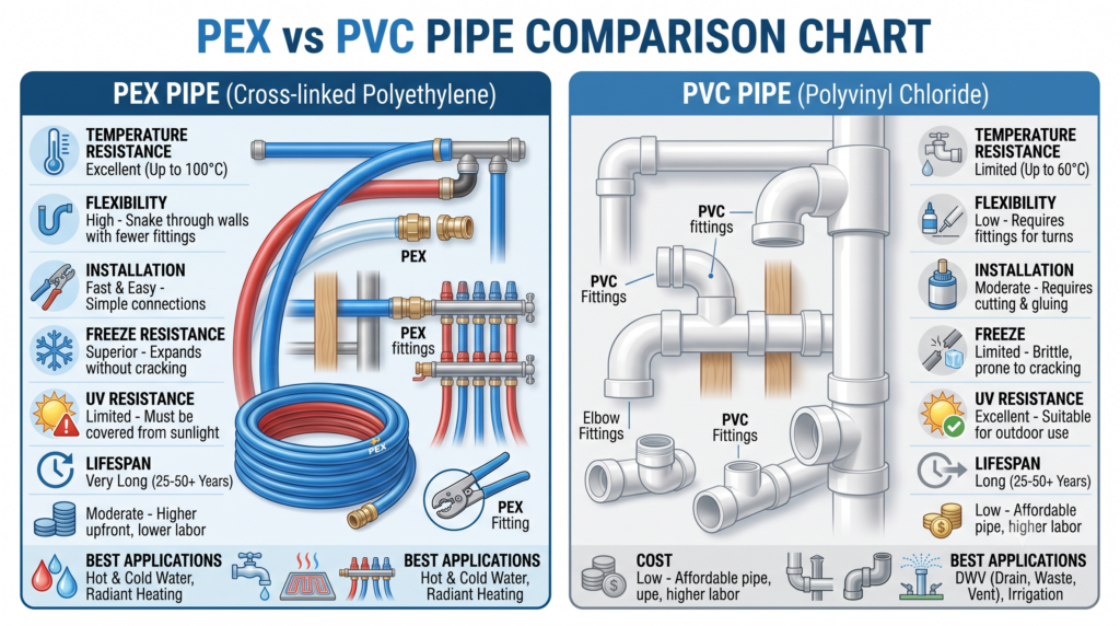 PEX vs PVC comparison chart showing key differences.