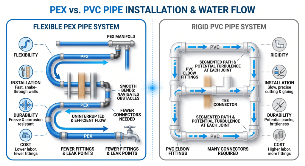 Flexible PEX pipe compared with rigid PVC pipe.