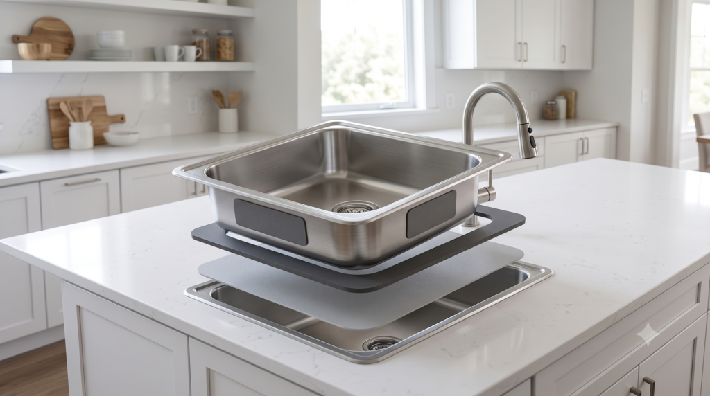 Premium SUS304 stainless steel kitchen sink showing soundproof pads, anti-condensation coating, rear drain design, and rounded interior corners.