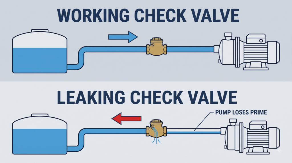 Leaking check valve causing a household water pump to lose prime